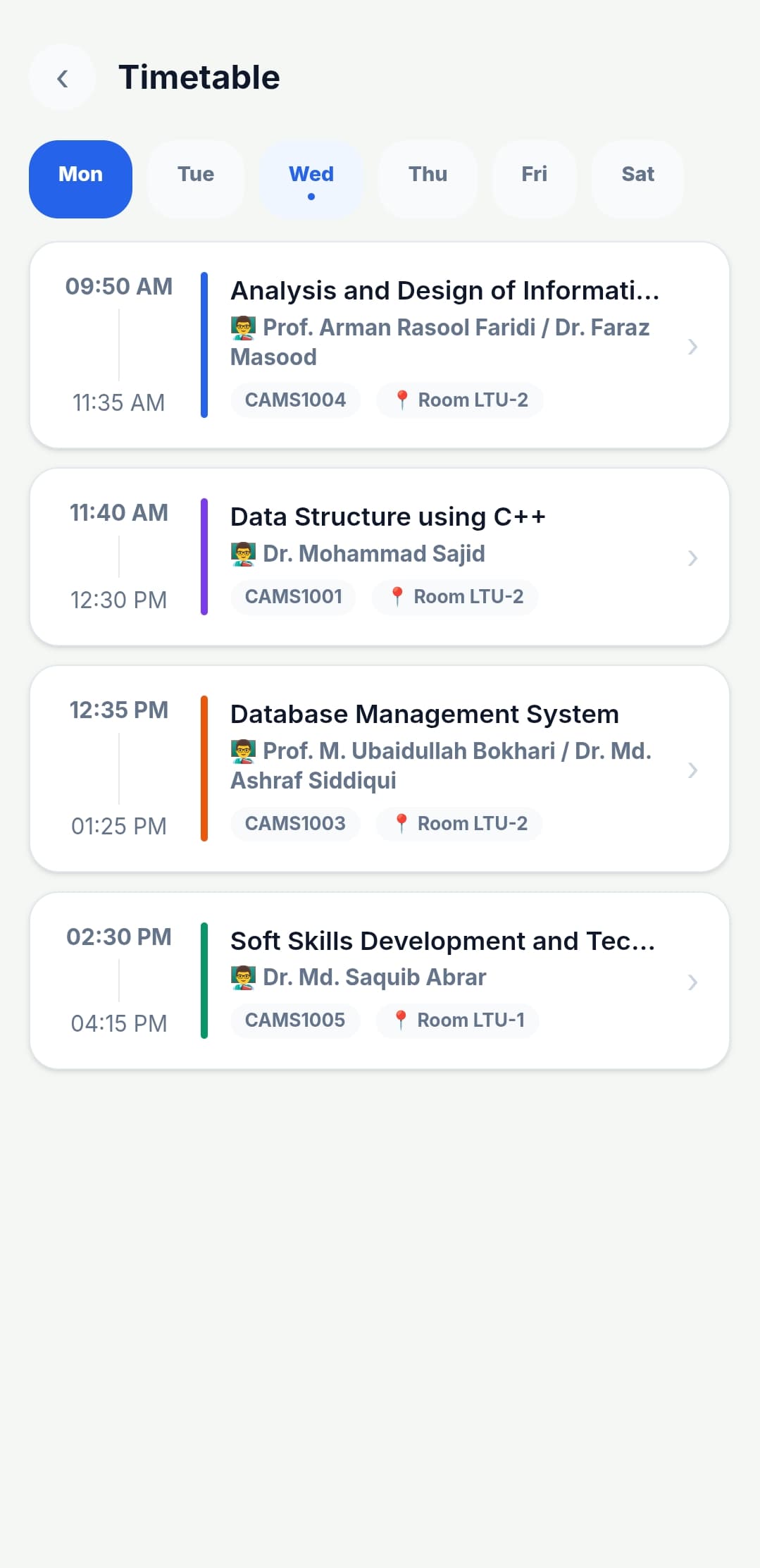 AMU BATCH X Weekly Timetable Grid Screen (Timetable Preview)